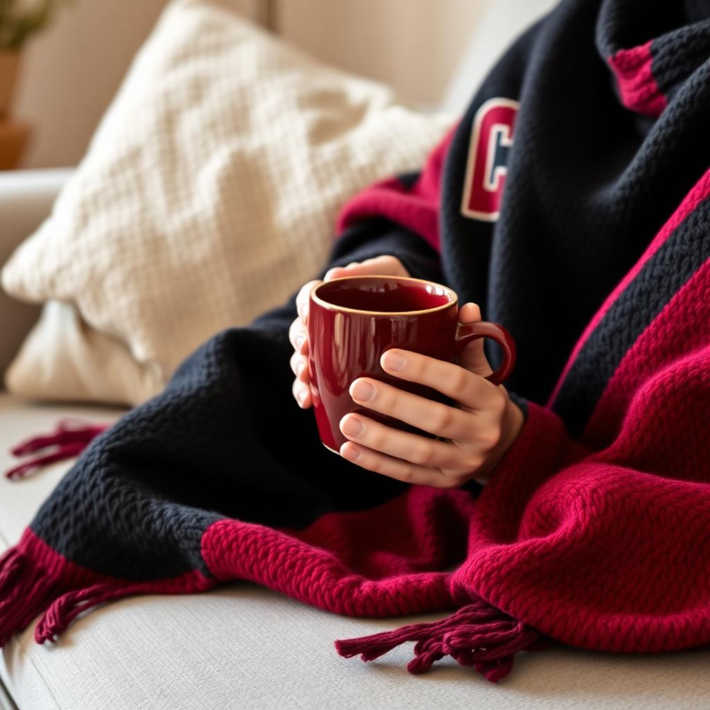 Hands holding a garnet mug while wrapped in a garnet and black team blanket