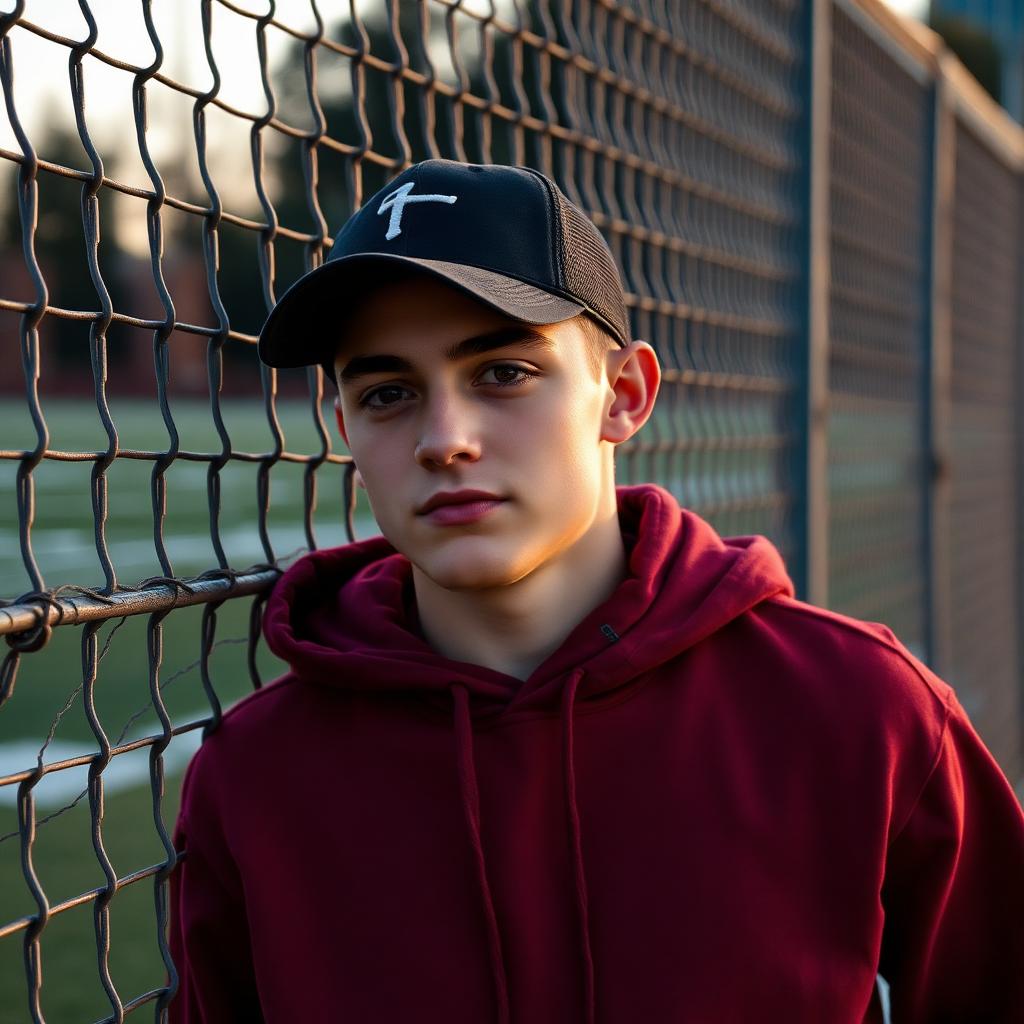 Young man in a garnet hoodie and black cap at a stadium