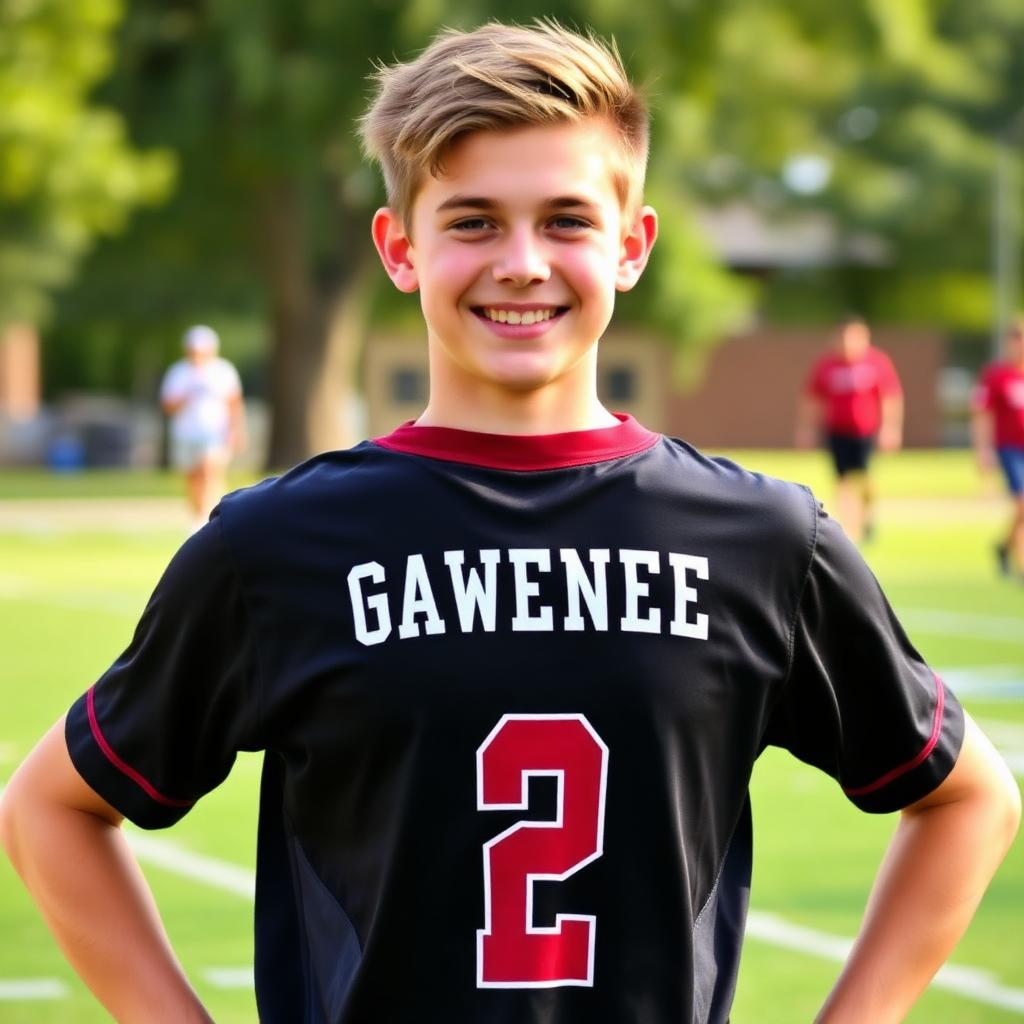 Young athlete wearing a personalized garnet and black PSR jersey