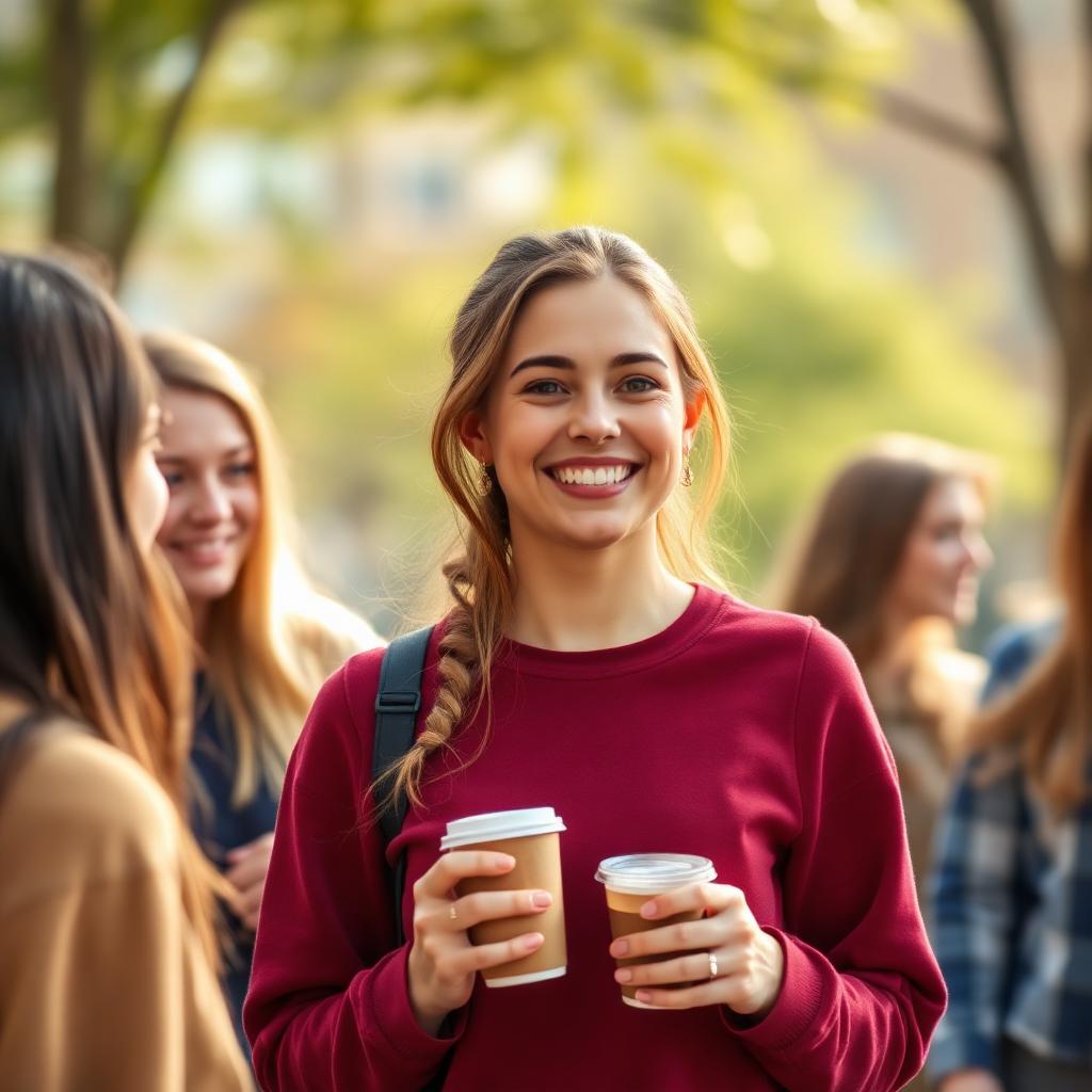 Smiling young woman wearing a garnet crewneck sweatshirt with friends